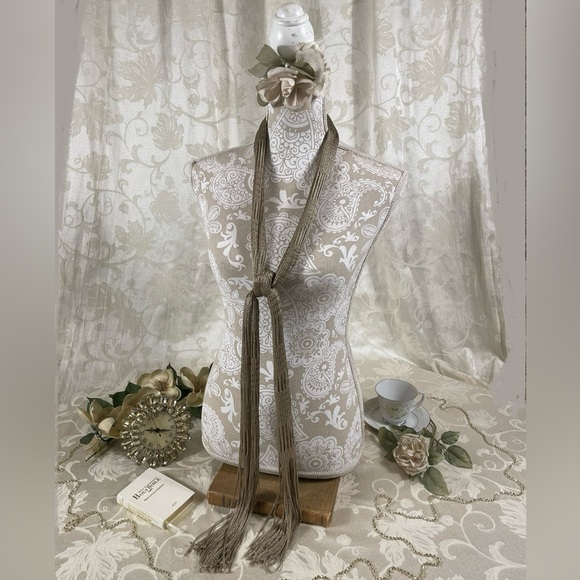 Taupe Knitted Scarf | Shiny Neck tie | Tassels | Tan - Picture 1 of 4